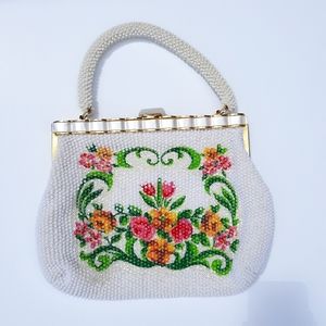 Vintage Rare Beaded Bag Cream Floral Laura USA Purse